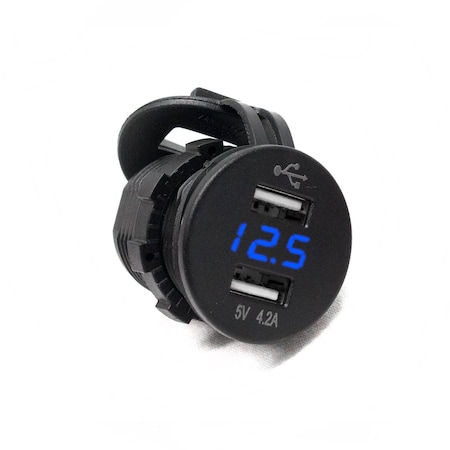 Race Sport Round Socket-Sized Dual-Port Usb/Voltage Gauge W/ Blue Digital Led RS507971B